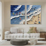 Large Seaside Beach Canvas Oil Painting Set of 2 Wave Beach Texture Wall Paintings For Sale