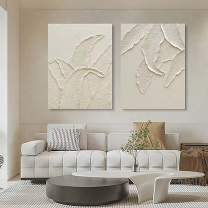 White Leaf Textured Canvas Art Set of 2 Heavy Textured Acrylic Painting Plaster Wall Art