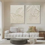 White Leaf Textured Canvas Art Set of 2 Heavy Textured Acrylic Painting Plaster Wall Art