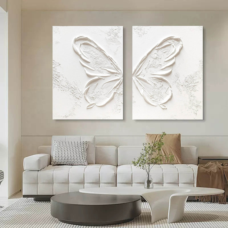 White Butterfly Texture Acrylic Canvas Painting Plaster Painting on Canvas Set of 2 Plaster Wall Art