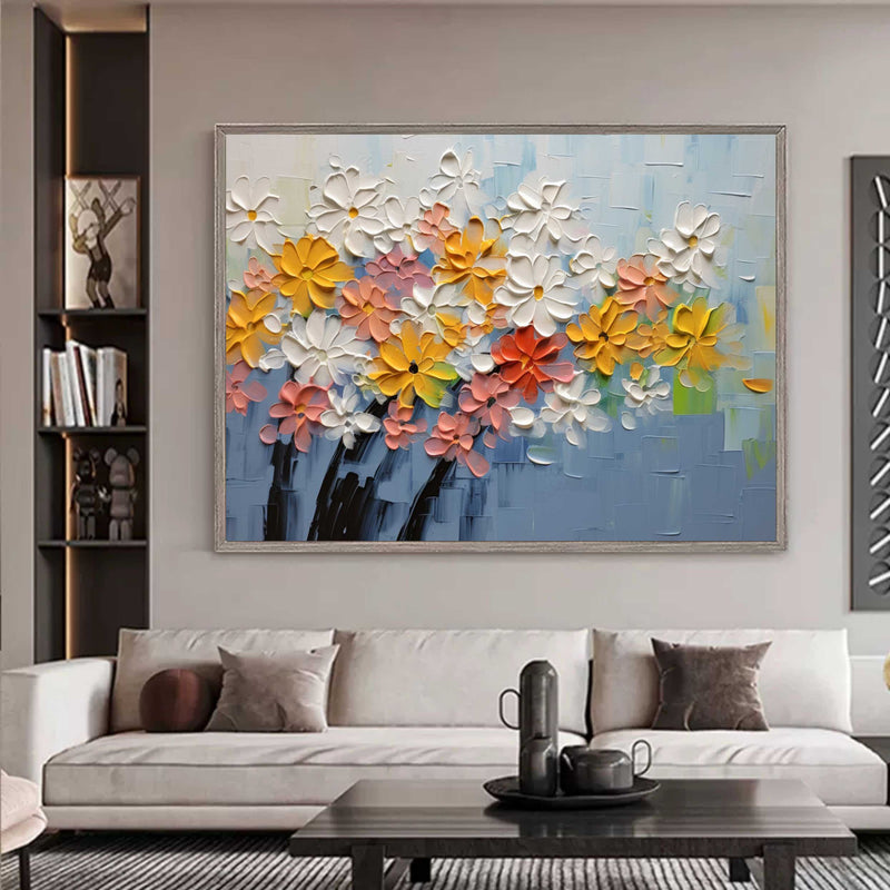 Large White and Yellow Flowers Texture Painting Flowers Texture Wall Art Flowers Canvas Art For Sale
