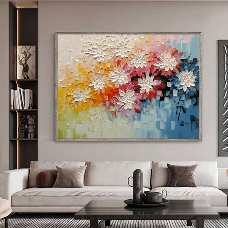 Large Palette Wall Painting White Flowers Plaster Art Flowers Texture Canvas Art Colorful Painting