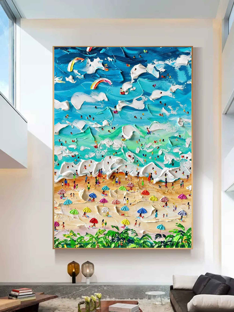 Summer Seaside Holiday Oil Painting On Sale Blue Ocean Waves Beach Wall Art 3D  plaster art