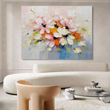 Large Beige and Blue Flowers Textured Painting Flowers Palette Wall Art Flowers Canvas Art