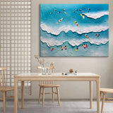 Large Blue Sea Swimming Oil Painting White Ocean Waves Canvas Art Sea Swimming Wall Decor
