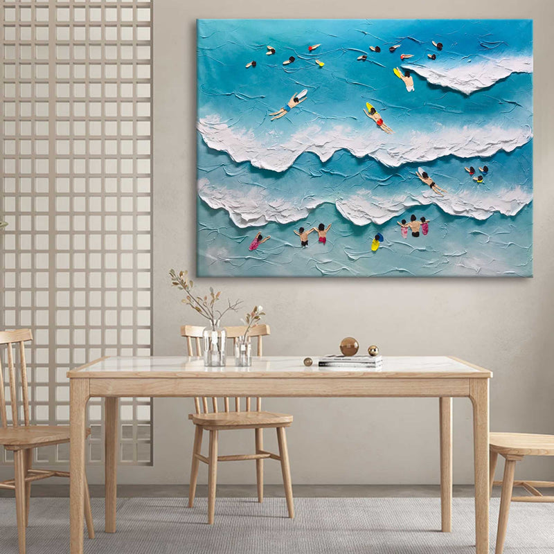 Large Blue Sea Swimming Oil Painting White Ocean Waves Canvas Art Sea Swimming Wall Decor