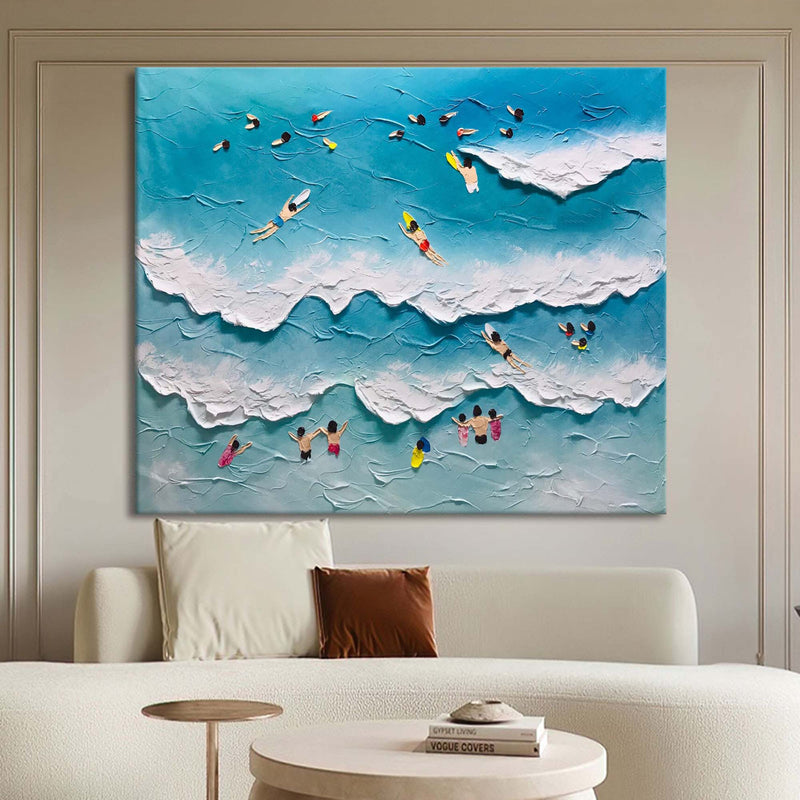 Large Blue Sea Swimming Oil Painting White Ocean Waves Canvas Art Sea Swimming Wall Decor