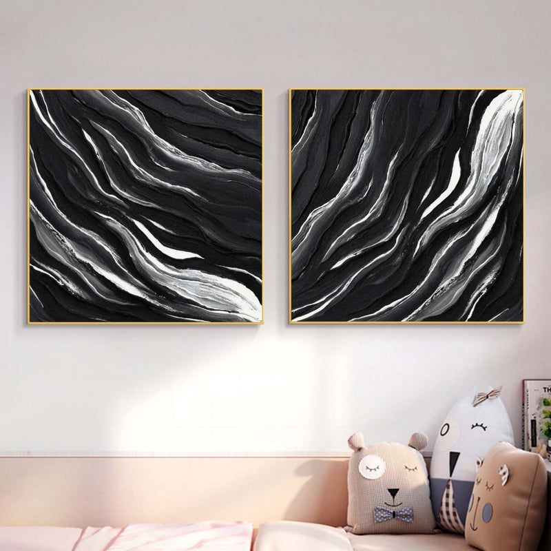 Set of 2 Black and White Abstract Texture Art Textured Acrylic Wall Painting Minimalist Canvas Art