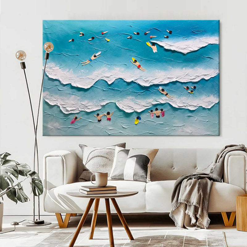 Large Blue Sea Swimming Oil Painting White Ocean Waves Canvas Art Sea Swimming Wall Decor