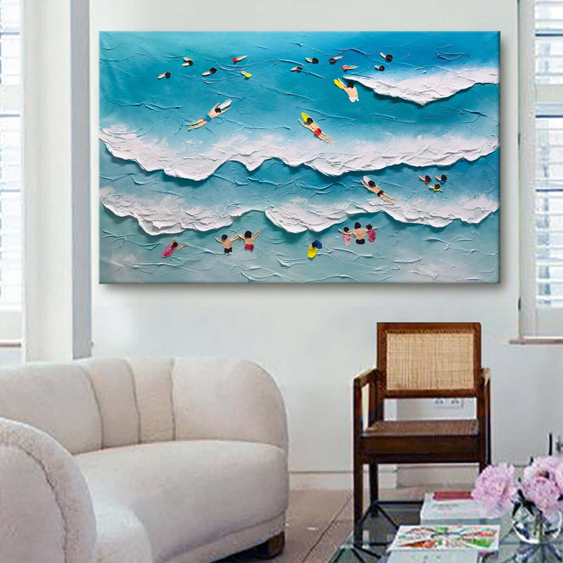 Large Blue Sea Swimming Oil Painting White Ocean Waves Canvas Art Sea Swimming Wall Decor