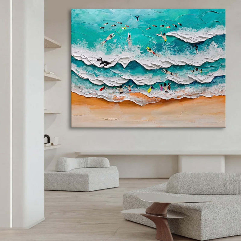 Seashore Painting Swimming Canvas Painting Sea Beach Acrylic Painting Sea Shore Wall Art