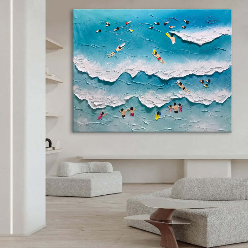 Large Blue Sea Swimming Oil Painting White Ocean Waves Canvas Art Sea Swimming Wall Decor