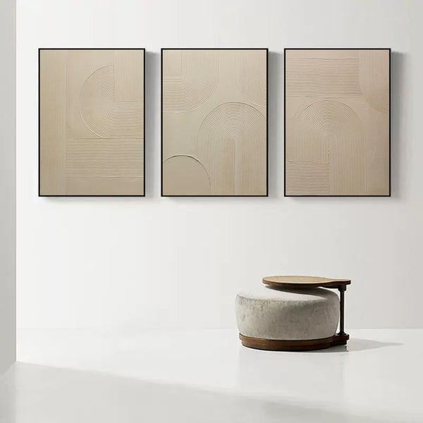 3D Beige Textured Abstract Canvas Art Set of 3 Beige Minimalist Paintings For Sale Textured Wall Art