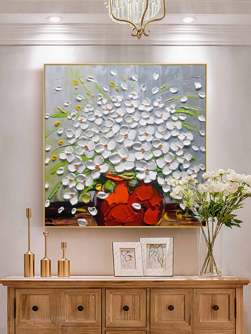 3D White Flowers Canvas Art White Flowers Texture Painting Texture Wall Art Flowers Home Wall Painting