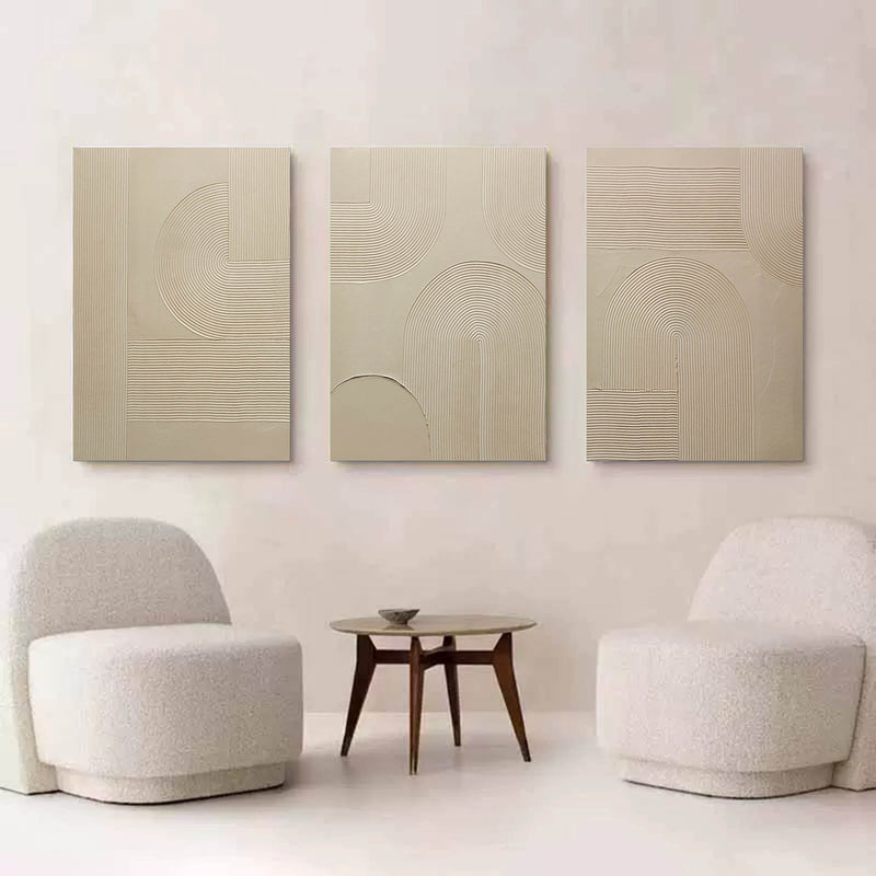 3D Beige Textured Abstract Canvas Art Set of 3 Beige Minimalist Paintings For Sale Textured Wall Art