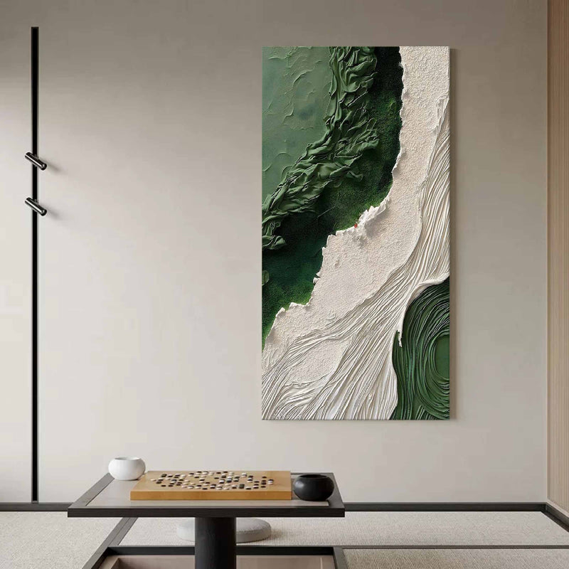 3D Large Green and White Textured Abstract Canvas Art Wabi Sabi Art Thick Textured Acrylic Painting