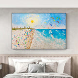 Sun Sea Waves Beach Oil Painting Textured Canvas Art Palette Knife Wall Art Summer Painting For Sale