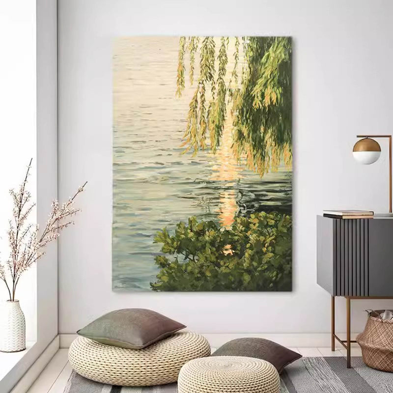 Lakeside Green Leaves Landscape Oil Painting Original Landscape Canvas Art Green Landscape Wall Art