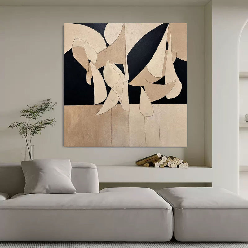 Beige and Black Minimalist Abstract Art Beige and Black Minimalist Canvas Oil Painting Wabi Sabi Art