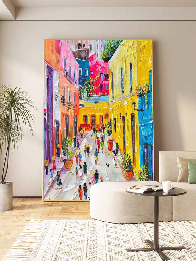 Colorful City Oil Painting Urban Texture Wall Painting Urban Knife Painting on Canvas Palette Knife Art