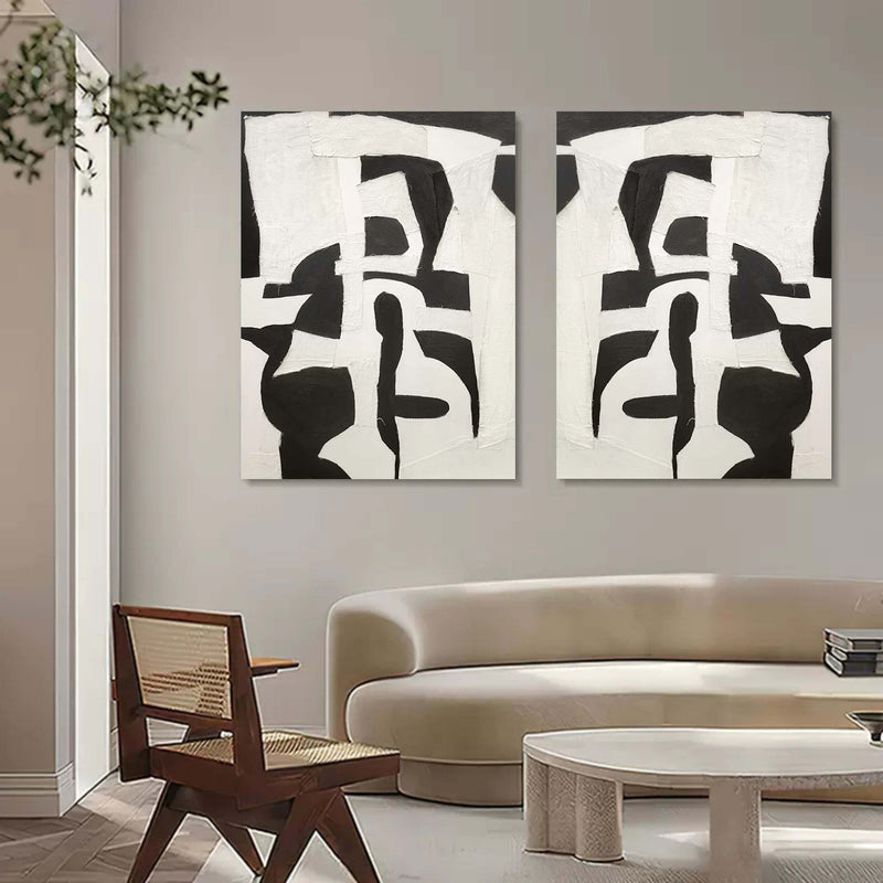 Black and White Texture Abstract Canvas Painting Set of 2 Wabi Sabi Wall Art Minimalist Abstract Art