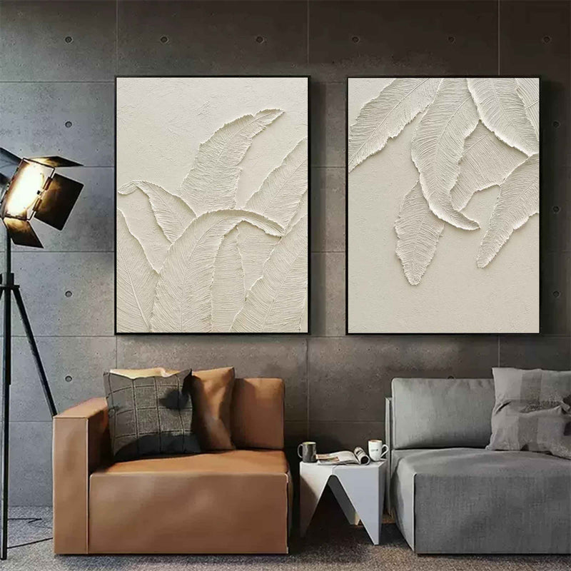 White Leaf Textured Canvas Art Set of 2 Heavy Textured Acrylic Painting Plaster Wall Art