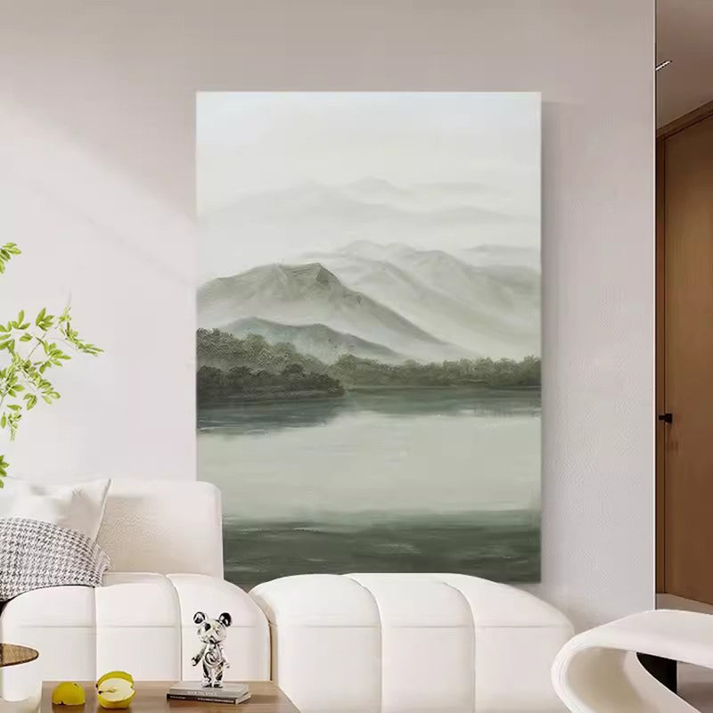 Gray and Green Landscape Oil Painting Gray and Green Landscape Wall Art Wabi-Sabi Interior Design