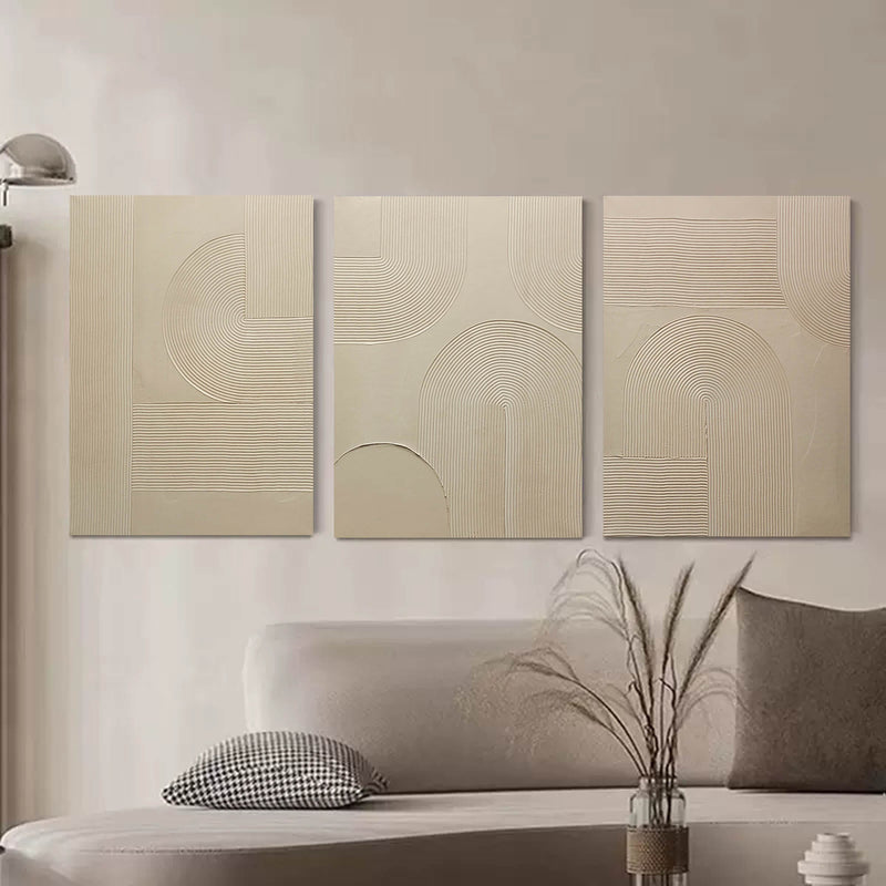 3D Beige Textured Abstract Canvas Art Set of 3 Beige Minimalist Paintings For Sale Textured Wall Art