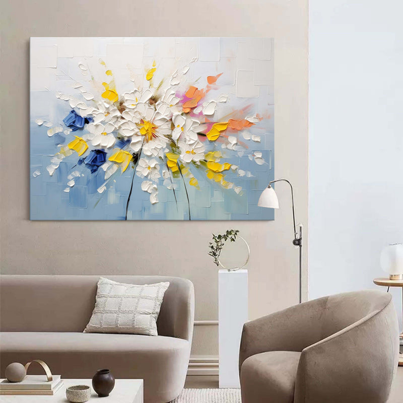 Large White and Blue Flowers Texture Painting Floral Palette Wall Art Decoration Floral Canvas Art