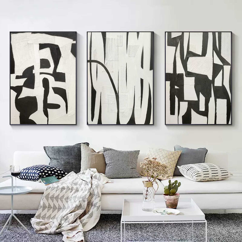 Black and White Minimalist Abstract Art Canvas Set of 3 Wabi Sabi Wall Art Minimalist Texture Painting