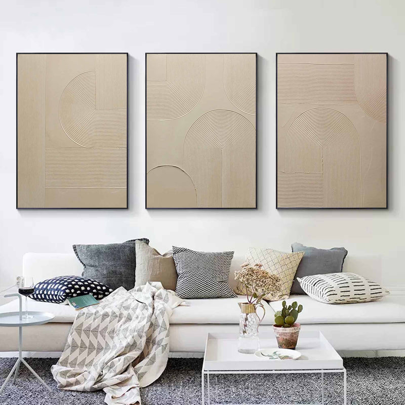 3D Beige Textured Abstract Canvas Art Set of 3 Beige Minimalist Paintings For Sale Textured Wall Art