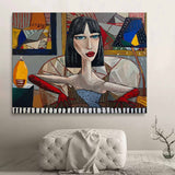 Trendy black short haired girl pop art canvas. Pretty girl pop art wall art. Lady pop art portrait