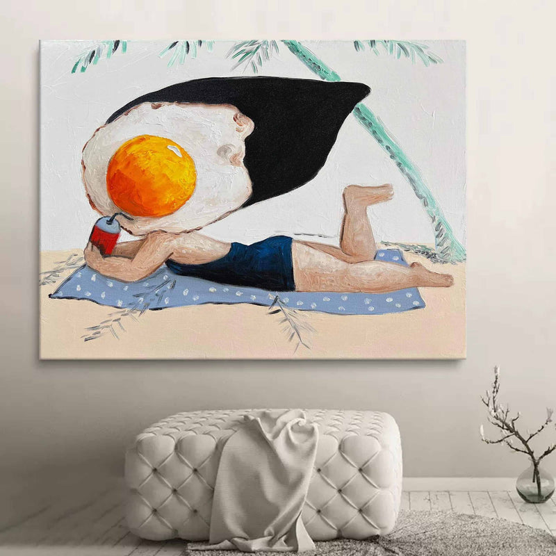 Funny Egg Yolk Man Oil Painting Abstract Man Art on Canvas Abstract Man Sunbathing Wall Art