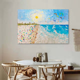 Sun Sea Waves Beach Oil Painting Textured Canvas Art Palette Knife Wall Art Summer Painting For Sale