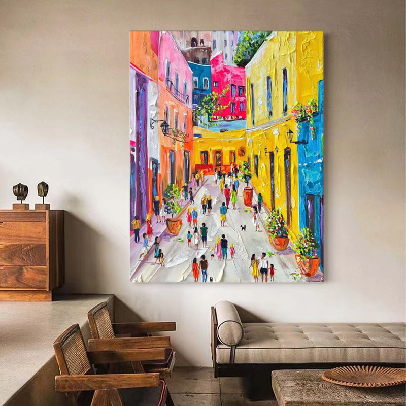 Colorful City Oil Painting Urban Texture Wall Painting Urban Knife Painting on Canvas Palette Knife Art