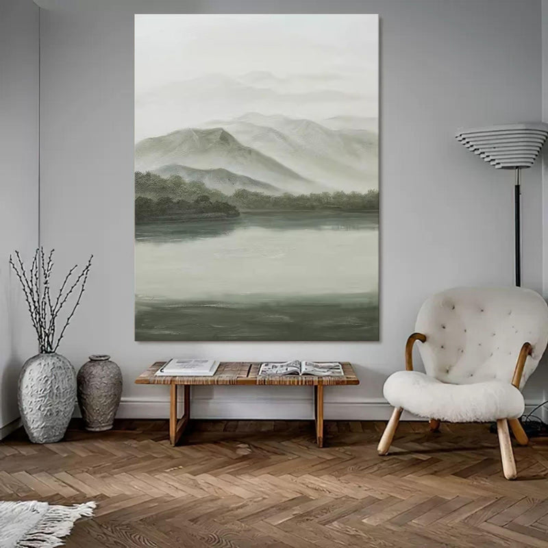 Gray and Green Landscape Oil Painting Gray and Green Landscape Wall Art Wabi-Sabi Interior Design