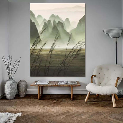 Gray and Green Landscape Canvas Art Wabi-Sabi Wall Art Decor Gray and Green Landscape Oil Painting