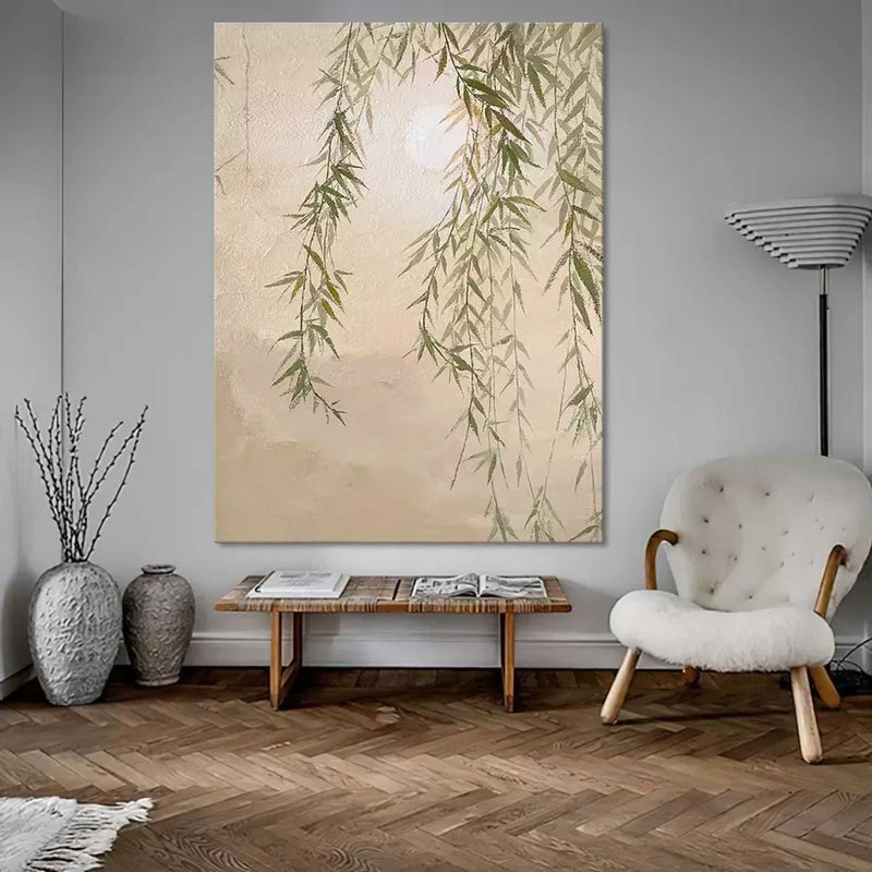Green Willow On Canvas Wabi-Sabi Art Green Willow Oil Painting Willow Landscape Wall Art