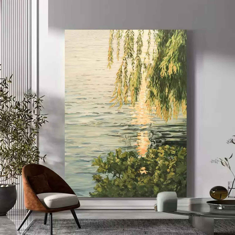 Lakeside Green Leaves Landscape Oil Painting Original Landscape Canvas Art Green Landscape Wall Art