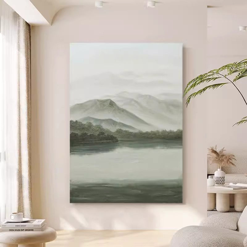 Gray and Green Landscape Oil Painting Gray and Green Landscape Wall Art Wabi-Sabi Interior Design