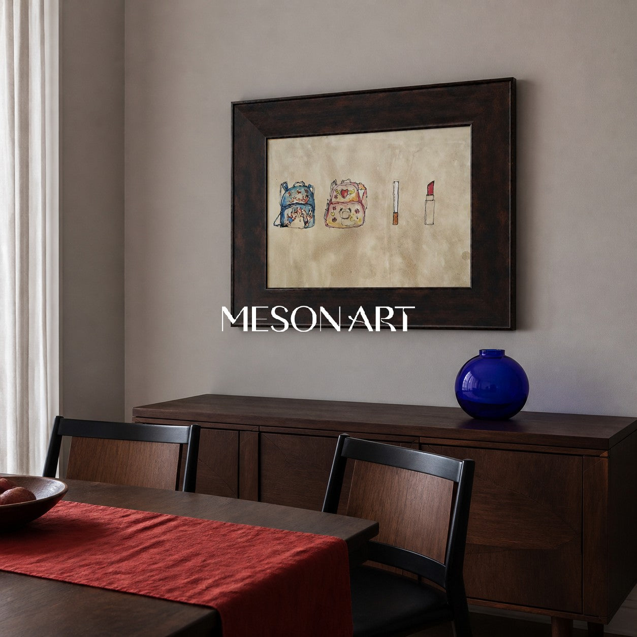 Abstract Still Life Painting With Backpacks And Lipstick In Beige Blue Tones For Modern Living Room Decor