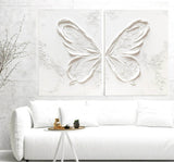 White Butterfly Texture Acrylic Canvas Painting Plaster Painting on Canvas Set of 2 Plaster Wall Art