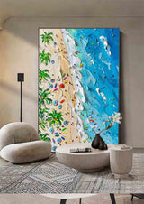 Summer Seaside Holiday Oil Painting On Sale Plaster Canvas Art Blue Ocean Waves Beach Wall Art