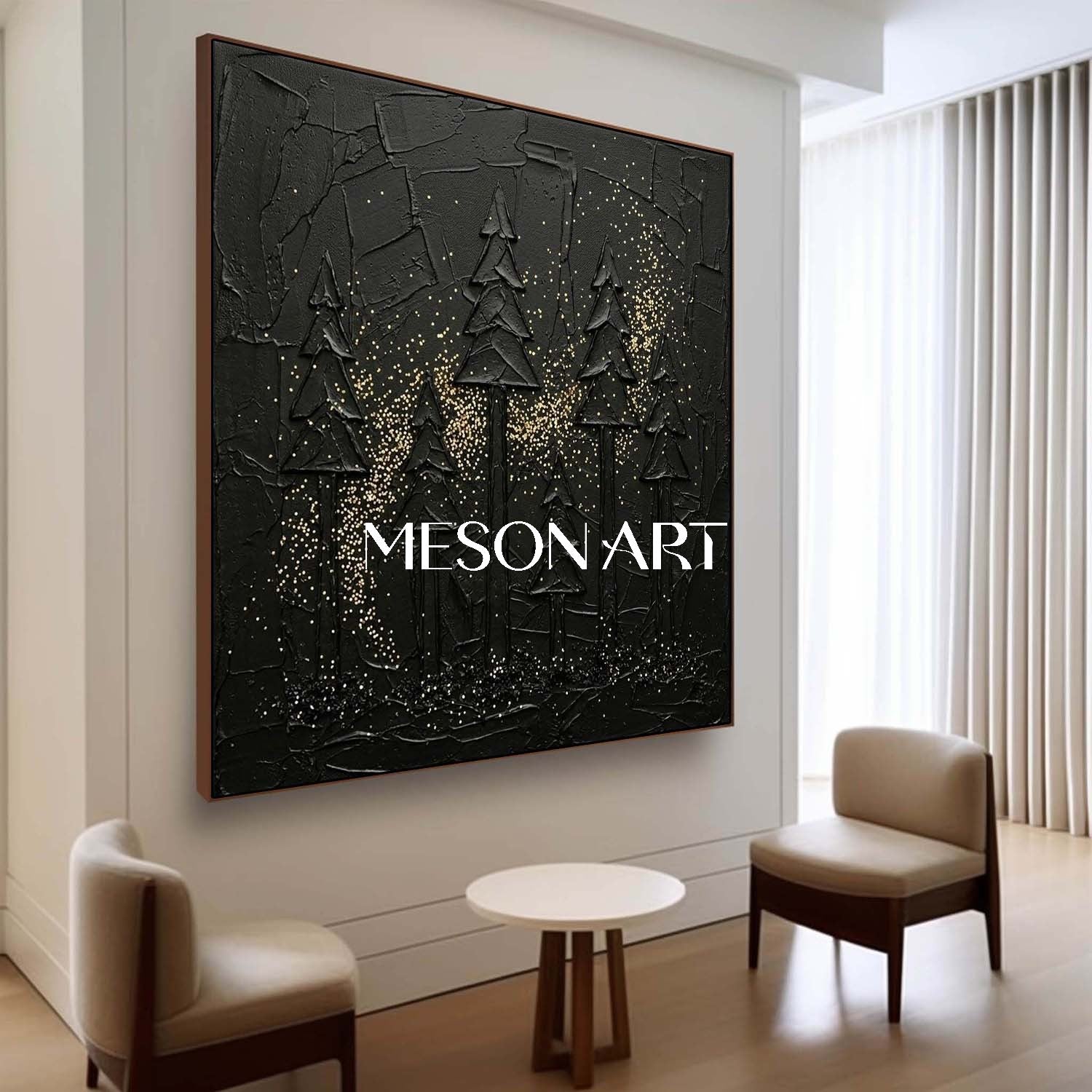 Contemporary Living Room Piece Textured Black Forest Gold Glitter Canvas Abstract Dark Aesthetic