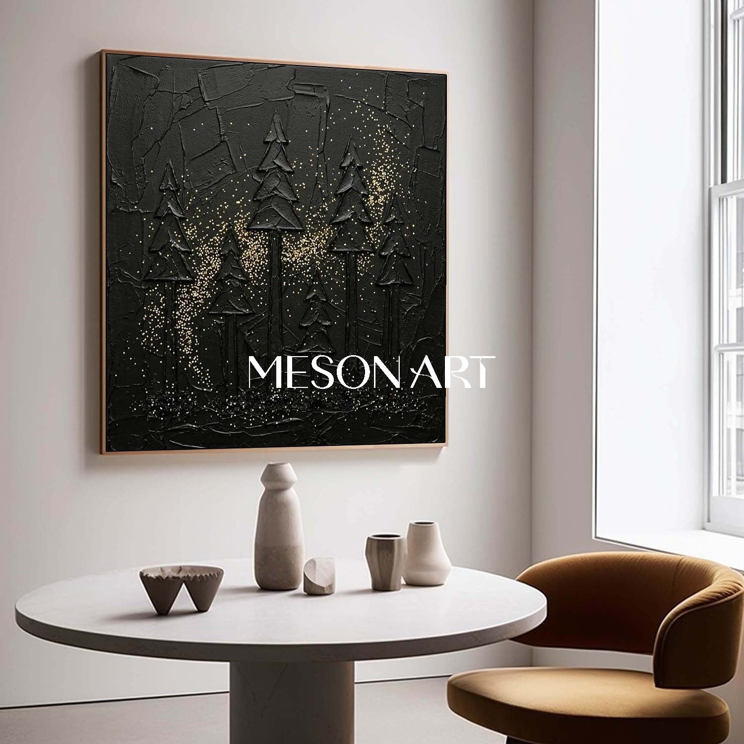 Contemporary Living Room Piece Textured Black Forest Gold Glitter Canvas Abstract Dark Aesthetic