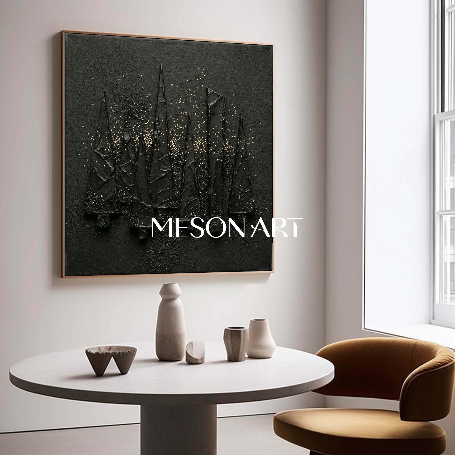 Black Textured Art Modern Minimalist Decor Abstract Christmas Trees Geometric Pine Trees