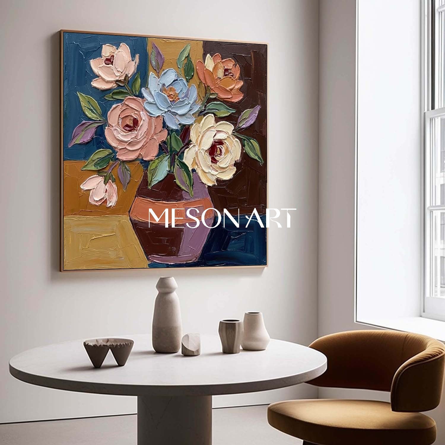 Abstract floral wall art decoration with colorful knife scraping colorful floral palette painting