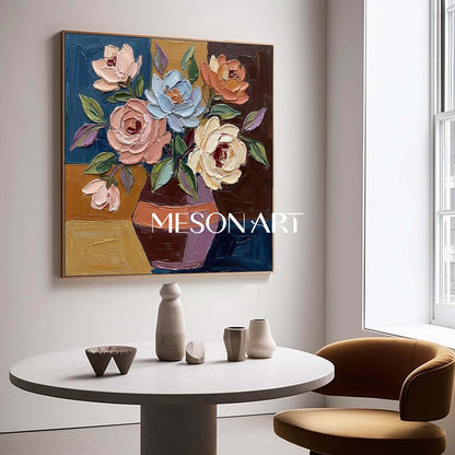 Abstract floral wall art decoration with colorful knife scraping colorful floral palette painting