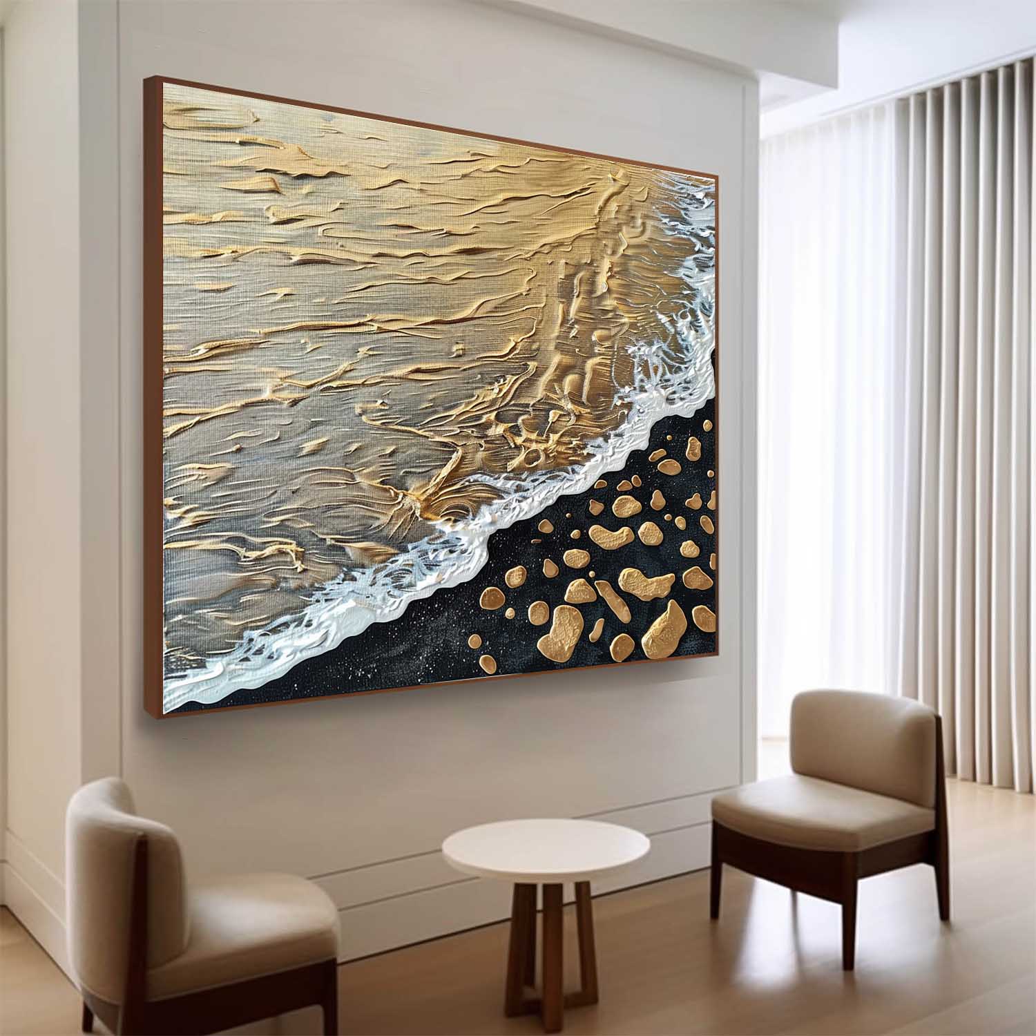 Gold and Black Textured Sea Painting Gold and Black Wave Beach Canvas Art Wave Beach Wall Art