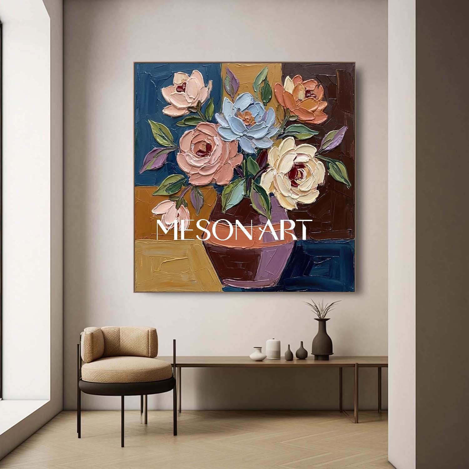 Abstract floral wall art decoration with colorful knife scraping colorful floral palette painting